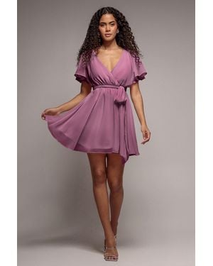 Goddiva Flutter Sleeve Wrap Mini Dress With Elasticated Waist - Pink