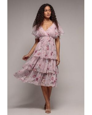 Goddiva Layered Floral Midi With Flutter Sleeves - Pink