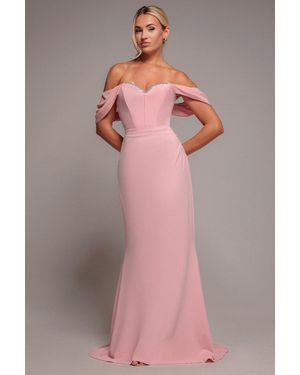 Goddiva Off The Shoulder Draped Sleeve Maxi Dress With Diamante Neckline - Pink