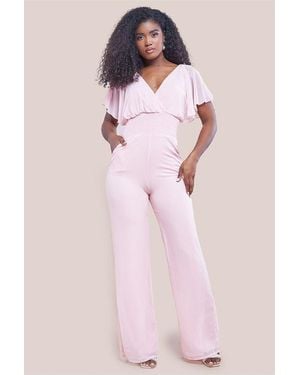 Goddiva Chiffon Jumpsuit With Flutter Sleeves - Pink