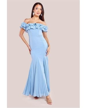 Goddiva Frilled Off The Shoulder Pleated Chiffon Maxi Dress - Blue