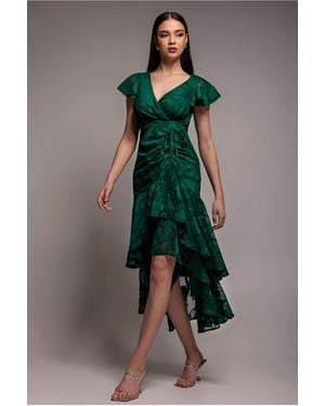 Goddiva Jacquard Chiffon Wrap High Low Midaxi Dress - Green