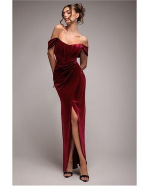 Goddiva Draped Shoulder Velvet Corset Maxi Dress - Red