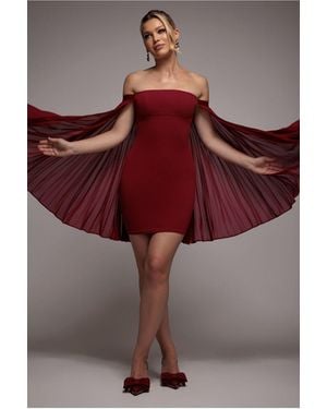 Goddiva Strapless Mini Dress With Pleated Chiffon Cape - Red