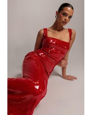 Goddiva Sleeveless Square Neck Sequin Mermaid Maxi Dress - Red