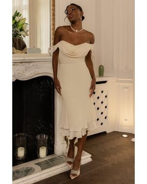 Goddiva Chiffon Cowl Off Shoulder Wing Tiered Midi Dress - Natural