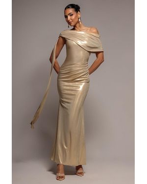 Goddiva Sash One Shoulder Bardot Foil Maxi Dress - Brown