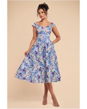 Goddiva Floral Print A-Line Sweetheart Midi Dress - Blue