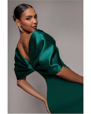 Goddiva Off Shoulder Back Satin Bow Wrap Crepe Midi Dress - Green