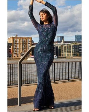 Goddiva Long Sleeve Sequin Flame Maxi Dress - Blue