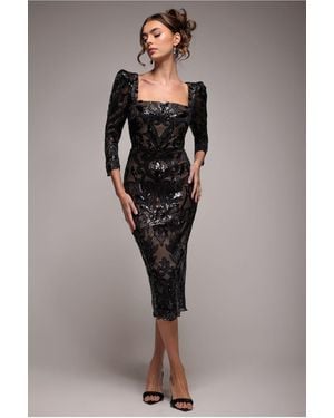 Goddiva Square Neck Scalloped Lace Midi - Black