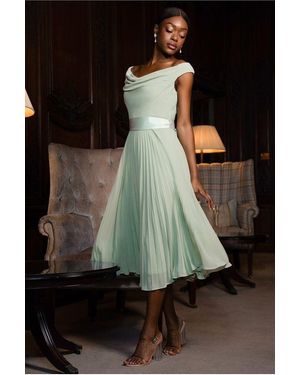 Goddiva Cowl Neck Pleated A-Line Chiffon Midi Dress - Green