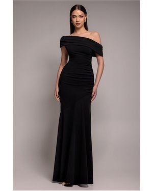 Goddiva Pleated One Shoulder Bardot Fit And Flare Maxi Dress - Blue