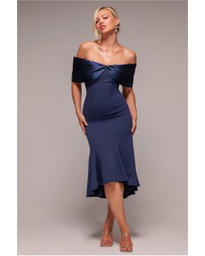 Goddiva Twist Knot Satin & Scuba Bardot High Low Midi Dress - Blue
