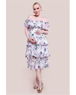 Goddiva Maternity Shirred Chiffon Floral Bardot Midi Dress - Pink
