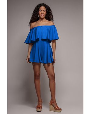 Goddiva Off The Shoulder Frill Neck Skater Romper - Blue