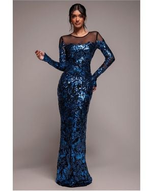 Goddiva Floral Sequin Mesh Maxi - Blue