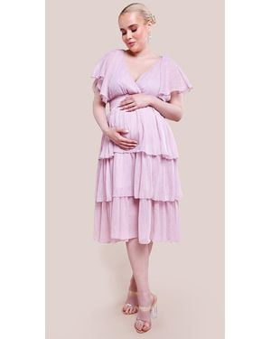 Goddiva Maternity Plain Lurex Chiffon Tiered Midi Dress - Pink