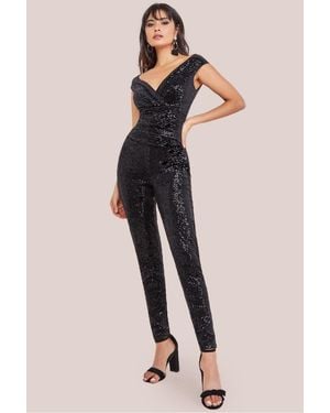 Goddiva Sequin Velvet Bardot Jumpsuit - Black