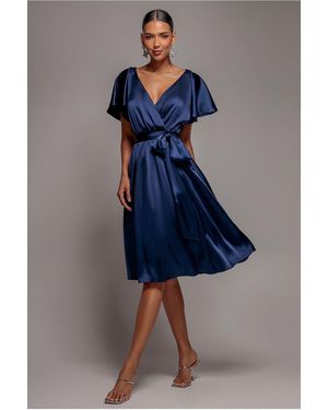 Goddiva Satin Flutter Sleeve Wrap Midi Dress - Blue