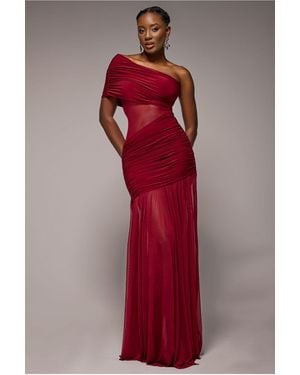 Goddiva Gathered One Shoulder Sheer Panel Maxi Dress