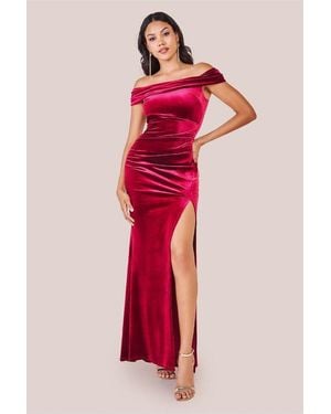 Goddiva Velvet Bardot Maxi With Split - Red