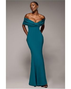 Goddiva Bardot Bow Neck Maxi Dress - Blue