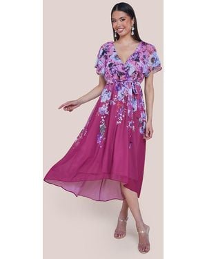 Goddiva Flutter Sleeve A-Line Chiffon Floral Printed Midi Dress - Pink