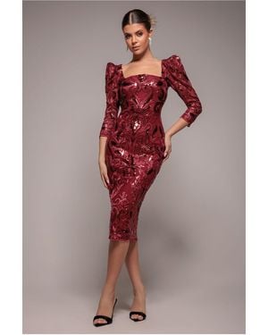 Goddiva Square Neck Scalloped Lace Midi - Red