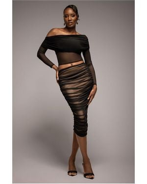 Goddiva Gathered Side Mesh Midi Skirt - Black
