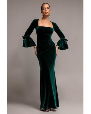 Goddiva Petal Bow Sleeve Frill Velvet Maxi Dress - Black