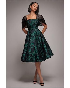 Goddiva Lace Up Jacquard Midi Dress With Organza Wings - Green