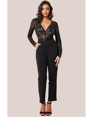 Goddiva Sequin Mesh Jumpsuit - Black