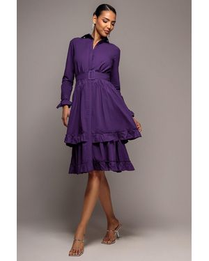 Goddiva Tiered Shirt Belted Long Sleeve Midi Dress - Purple