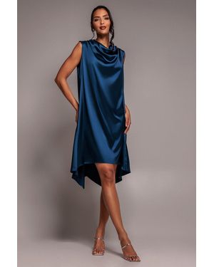 Goddiva Cowl Neck Back Wing Satin High Low Midi Dress - Blue
