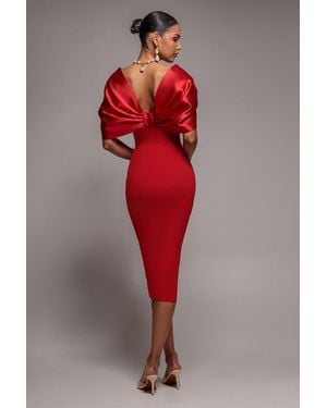 Goddiva Off Shoulder Back Satin Bow Wrap Crepe Midi Dress - Red