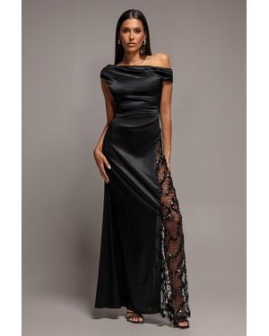 Goddiva Lace Inserted Asymmetric One Shoulder Satin Maxi Dress - Black