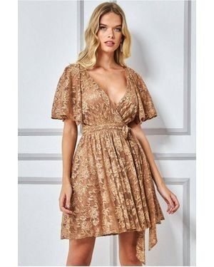 Goddiva Lace Kimono Wrap Skater Mini Dress - Brown