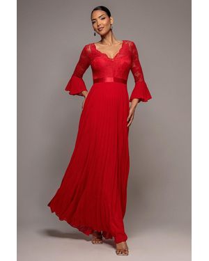 Goddiva Scalloped Lace Bodice Pleated Chiffon A Line Maxi Dress - Red