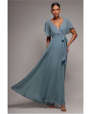 Goddiva Chiffon Flutter Sleeve Wrap Maxi Dress - Blue