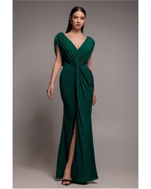 Goddiva Cowl Plunge Draped Mermaid Maxi Dress - Green