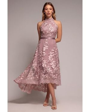 Goddiva Halter Neck Lace High And Low Dress - Purple