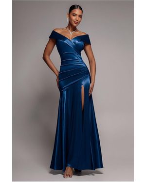 Goddiva Satin Off Shoulder Pleated Maxi Dress - Blue