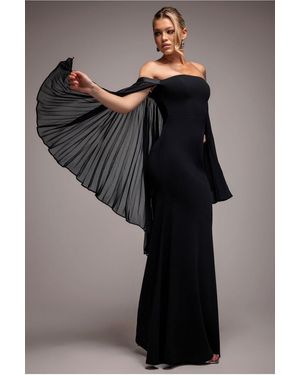 Goddiva Strapless Maxi Dress With Pleated Chiffon Cape - Black
