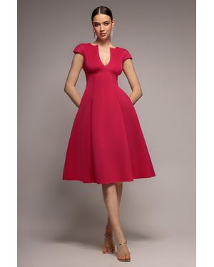 Goddiva Cap Sleeve Plunging V-Neckline A-Line Midi Dress - Red