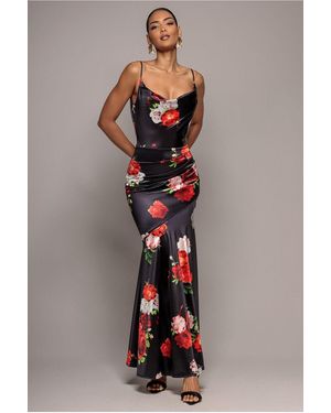 Goddiva Floral Print Satin Cowl Neck Maxi Dress - Black