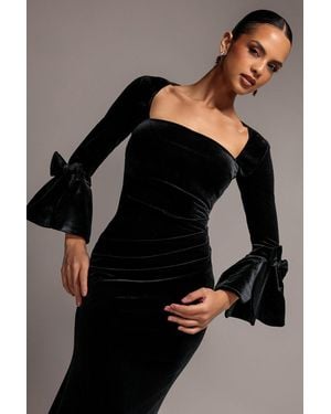 Goddiva Petal Bow Sleeve Frill Velvet Maxi Dress - Black