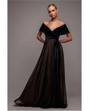 Goddiva Velvet Bardot Dobby Mesh A Line Maxi Dress - Black