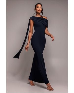 Goddiva Sash One Shoulder Bardot Maxi Dress - Blue