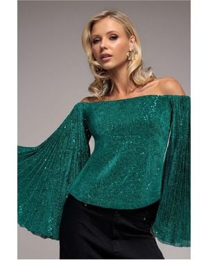 Goddiva Sequin Lurex Bardot Pleated Sleeve Top - Green
